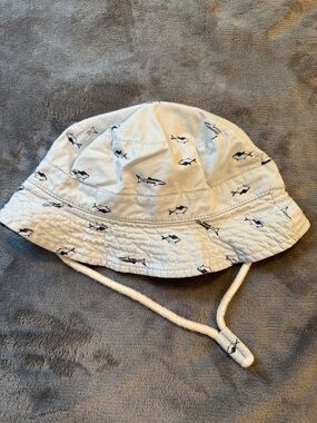 Children's White Shark-Print Bucket Hat with Chin Cord